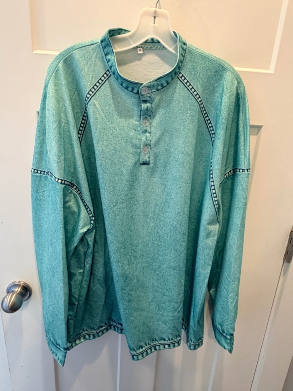 Acid Wash Henley Shirt XL Teal Long Sleeve Button Neck Casual Top